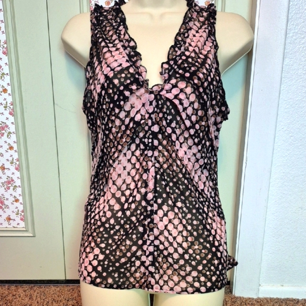 Intense Sheer Black and Pink Polka Dot Top Large